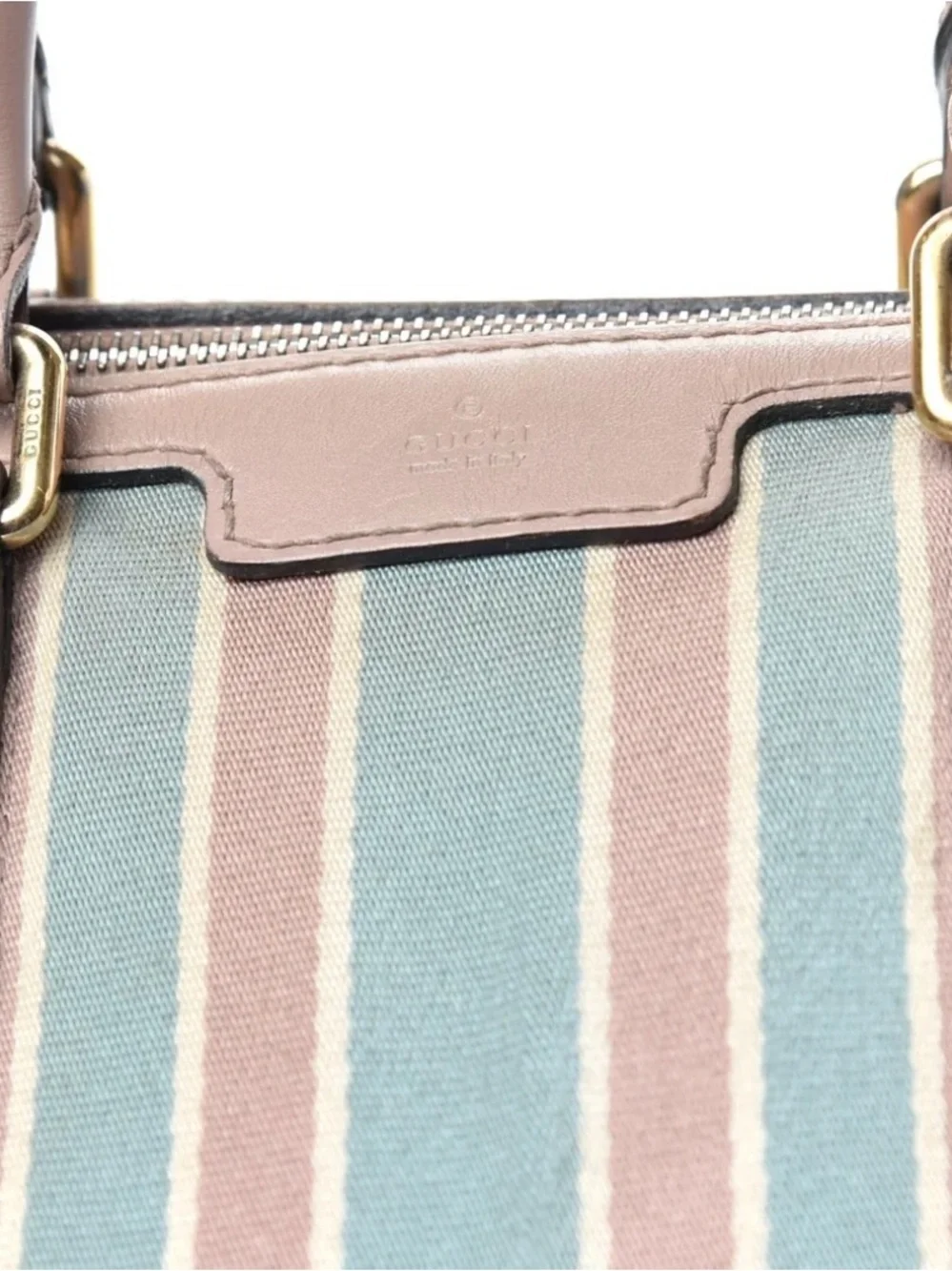 Gucci Beige Monogram Satchel with Pink and Blue Stripes
